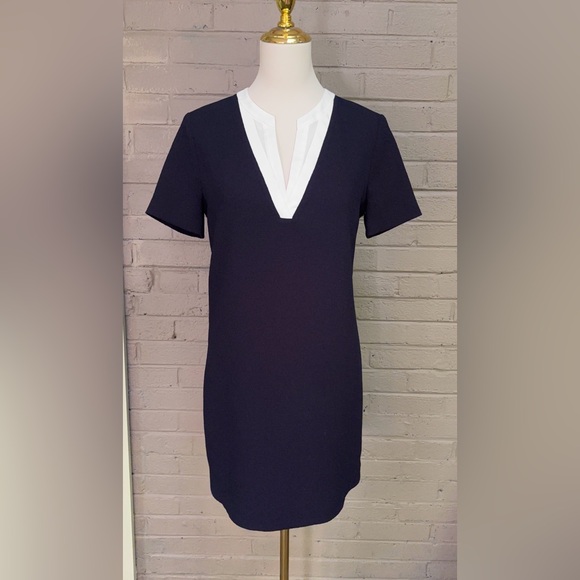 Sandro Navy and White V-Neck many Minimalist Dress 8 - Picture 1 of 13